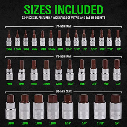 SWANLAKE 32 Piece Hex Bit Socket Set,SAE and Metric, 1/4'', 3/8', 1/2'' Drive Socket Set, S2 & Cr-V Steel - style: 32-Piece Hex Bit Socket