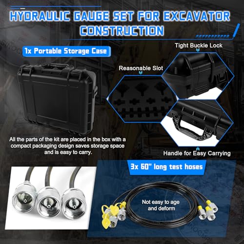 Hydraulic Pressure Test Kit with 3 Gauges(25/40/60Mpa), 12 Test Couplings, 3 Test Hoses(64in) Diagnosis Tester Gauge Kit Set for Excavator Construction Machinery - size: Black 3 Gauges 12 Couplings