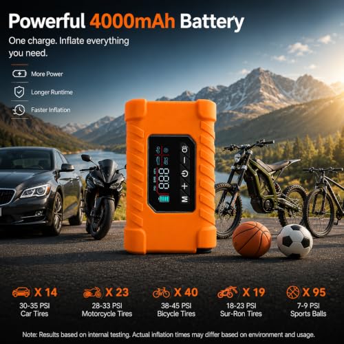 140 PSI Portable Tire Inflator for Cars, Motorcycles, Bikes & Balls | Portable Air Pump with Digital Pressure Gauge, Auto Shut-Off, Bright LED Light & Rechargeable Battery