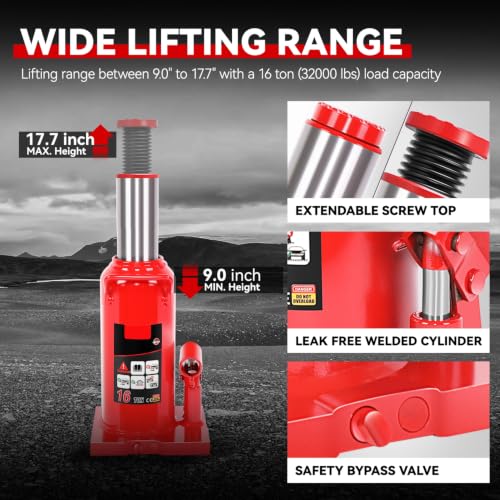 Auto Dynasty 16 Ton Hydraulic Bottle Jack, Automotive Welded Bottle Jack for Car, Pickup Truck, RV, Auto Repair, 9" to 18" Lifting Range (Red) - color: Red, size: 16 Ton