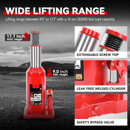 Auto Dynasty 16 Ton Hydraulic Bottle Jack, Automotive Welded Bottle Jack for Car, Pickup Truck, RV, Auto Repair, 9" to 18" Lifting Range (Red) - color: Red, size: 16 Ton