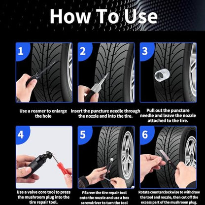 Tire Repair Kits Tubeless Tire Puncture Repair Kit with Mushroom Plug, Repairs punctures and Flat Tires for Motorcycles, Cars, Trucks, ATVs,Gun Puncture Repair Kit（34-Piece ） - color: Black+34