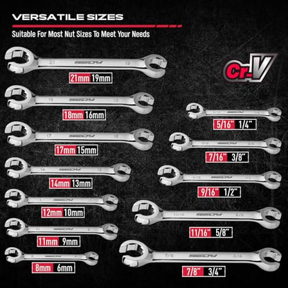 SEDY 14-Piece Flare Nut Wrench Set with PTFE Tape, Metric & SAE Brake Line Wrench Offset 1/4"-7/8"& 9-21mm Set Double Open End with Organizer Pouch for Repairing and Removing Nuts - style: 14-Pc MM/SAE + 2 Tape (Flare)