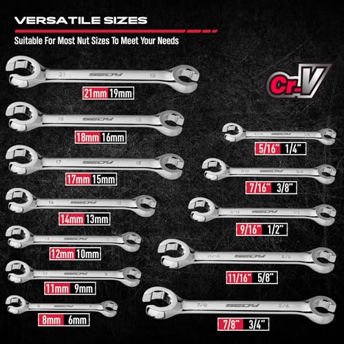 SEDY 14-Piece Flare Nut Wrench Set with PTFE Tape, Metric & SAE Brake Line Wrench Offset 1/4"-7/8"& 9-21mm Set Double Open End with Organizer Pouch for Repairing and Removing Nuts - style: 14-Pc MM/SAE + 2 Tape (Flare)