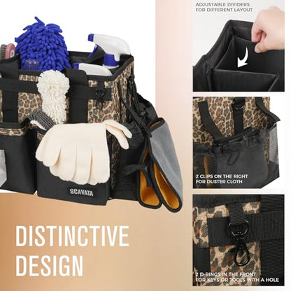 SCAVATA Compact Wearable Cleaning Caddy, Leopard | Small Cleaning Supplies Organizer with Handle & Shoulder Straps, Under Sink & Car Cleaning Tools Storage Bag for Housekeepers - color: Leopard
