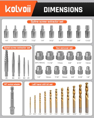 Kolvoii 39-Piece Easy Out Screw Extractor Set & Broken Bolt Extractor Kit | Left hand drill bit set and multi-spline extractors handle broken bolt removal, stripped screws and rounded fasteners - size: 39 PCS