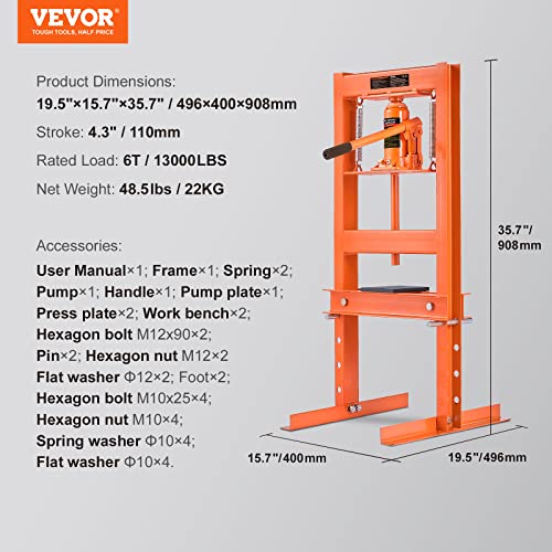 VEVOR Hydraulic 6 Ton H-Frame Garage Floor Adjustable Shop Press with Plates, 6T, Orange - size: 6T