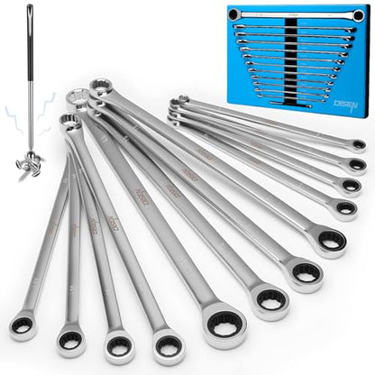 DISEN 12 + 1 PCS Extra Long Ratchet Wrench Set, Metric 8-22mm | with a Magnetic Pickup Tool, Secret Santa Gifts for Men, Stocking Fillers for Men Christmas Birthday