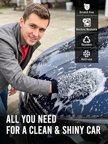 TAKAVU Car Wash Mitt, 2 Pack Microfiber, Scratch-Free (Black & White) | Soft Lint-Free Wash Gloves Hold Sudsy Water for Auto Detailing, Machine Washable, Safe on Paint & Coat - color: Black
