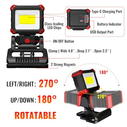 Easymaxx Rechargeable Clip Light 2 Pack, 2100LM LED Clamp Work Light | 3 modes, 6000K, magnetic base, 270° rotating head, 2.3 in clamp, USB-C input, USB-A output for boats, repairs and job sites