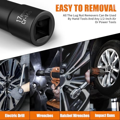 GIREORAN Wheel Lock Removal Kit, 10 Piece Lug Nut Remover, 1/2-Inch-Drive Impact Easy Out Bolt Extractor Socket Set for Removing Damaged, Frozen, Rusted, Rounded-Off Bolts, Nuts & Screws - size: 10 Piece