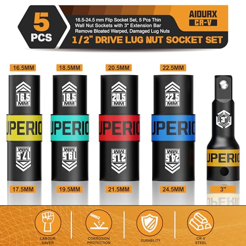 1/2" Drive Lug Nut Socket Set, 16.5-24.5 mm Flip Socket Set, 5 Pcs Thin Wall Nut Sockets with 3" Extension Bar, Remove Bloated Warped, Damaged Lug Nuts