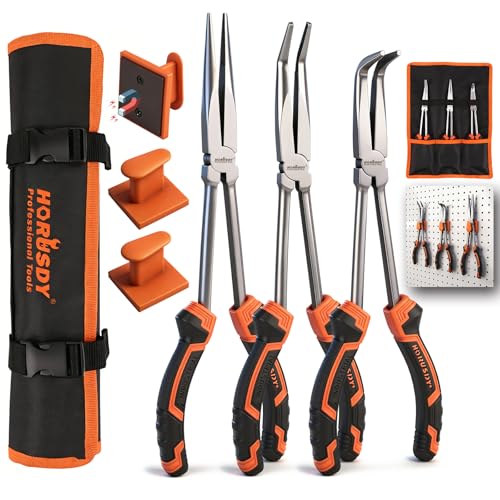 HORUSDY 3-Piece 11 Inch Long Reach Needle Nose Pliers Set, Extra Long Straight, 45° & 90° Bent Nose Pliers with 3 Magnetic Plier Racks and Roll-Up Storage Bag for Tight Spaces