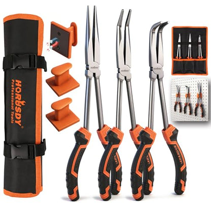 HORUSDY 3-Piece 11 Inch Long Reach Needle Nose Pliers Set, Extra Long Straight, 45° & 90° Bent Nose Pliers with 3 Magnetic Plier Racks and Roll-Up Storage Bag for Tight Spaces
