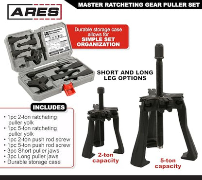 ARES 15095 – Master Ratcheting Gear Puller Set – Premium Chrome Moly Steel Gear Puller Yolk Set Includes 2-Ton and 5-Ton Units – Indexing Jaws Feature Convertible 2-Leg and 3-Leg Functionality - size: Master Ratcheting Gear Puller Set