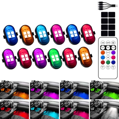 Upgraded Wireless LED Lights for Car, Rechargeable Interior Car Lights with 8 Colors Brightness Adjustable, 12H Battery Life, Remote Control, Mini Strobe Lights for Vehicle Motorcycle Bike Decor - size: 12pcs