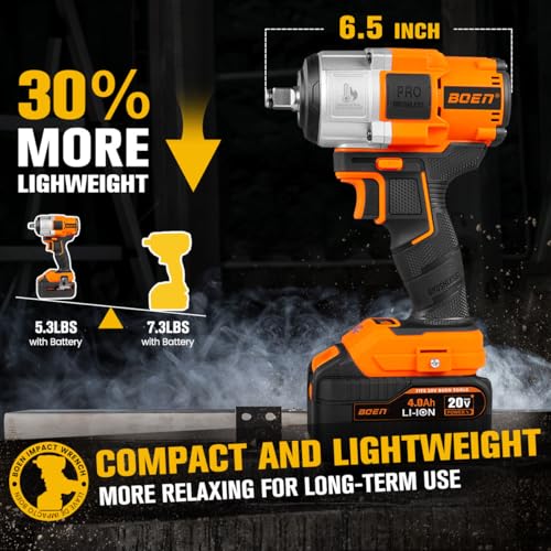 boen Cordless Impact Wrench 1/2 inch, 600FT-LBS(800N.m), Brushless Electric Impact Wrench, 2200RPM High Torque Impact Gun for Car Home, Includes 4.0Ah Battery×1, Charger, IW-75 - size: 600FT-LBS(800N.m)