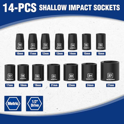 WORKPRO 1/2” Drive Shallow Impact Socket Set, Metric Cr-V Steel 6-Point Socket Set with Storage Case for Automotive Maintenance and Repairs (14PCS 10-27mm) - size: 14 PCS, Metric