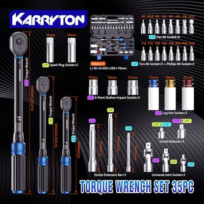 35pc Torque Wrench Set 1/4 3/8 1/2-Inch Drive, CR-MO/72-Tooth/Dual Scale ±3% Accuracy Click Torque Wrenches w/Adapters for Auto, Bike, Motor