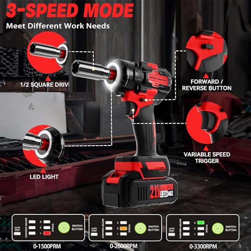 SILVEL Cordless Impact Wrench, MAX 650N.M Brushless Impact Gun 1/2 inch, 2 * 4.0Ah Battery, 6 Sockets, 3300RPM Impact Driver wih Fast Charger - size: 2 Batteries