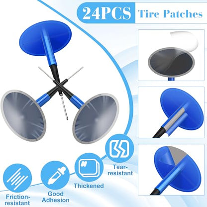 Tire Repair Patch Plug Kit, 24P Mushroom Tire Plug Patch | with Hex Shank Drill Bit for Car (1.41" / 1.81" / 2.36")