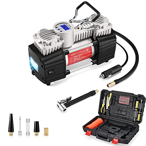 GSPSCN Heavy Duty Tire Inflator 12V Portable Digital Air Compressor Pump | w/ Tire Repair Kit & Toolbox 6X Faster Inflation Auto-Shut off Double Cylinder Metal Air Pump 150Psi for Car,SUV,Truck,RV - color: Silver