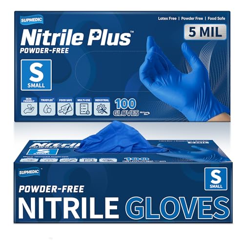 Supmedic Nitrile+ Disposable Gloves, 5Mil Chemical Resistant Powder-Free Latex-Free Glove Exam Cook Tattoo, Black Blue 100Pcs - color: (Blue) Small