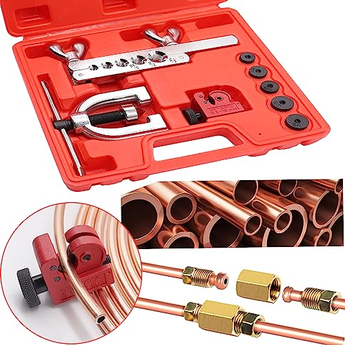 Tnisesm Brake Line Kits with Brake Line Double & Single Flaring Tool Kit + Blue Tube Bender- 25 Ft. 3/16 and 1/4 Copper Coated Brake Lines Kit (with 32 Fittings and 8 Unions)