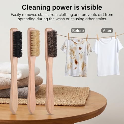 Gjinxi 3pcs Wood Laundry Stain Brush Set Tough Stain Remover Boar Bristle Brushes for Cleaning Clothes Furniture Fabric Leather Sofas Knits Cotton Linens Shoes Car Seats Boots Bags Hat Cashmere Wool