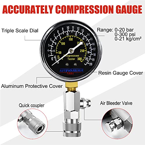9Pcs Automotive Engine Compression Tester Kit for Small Engine, Fuel Pressure Gauge, Cylinder Leak Down Tester with Spark Plug Tester for Gas Petrol Engines - size: Gauge Set with Spark Plug Tester