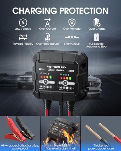 2-Bank, 4A (2A/Bank) Trickle Charger for Car Battery, 12V 6V Car Battery Charger, Automotive Battery Trickle Charger, Maintainer, for Motorcycle Lawn Mower AGM, Lithium Batteries
