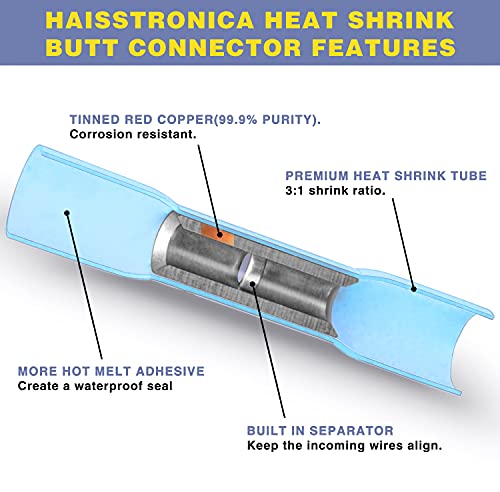 haisstronica Crimping Tool for Heat Shrink Connectors HS-8327 with 200PCS Marine Grade Heat Shrink Butt Connectors of Tinned Red Copper AWG 22-10