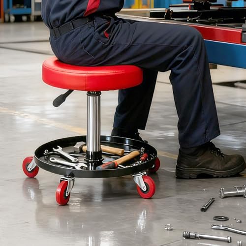 Mechanic Stool, Pneumatic Roller Seat Rolling Pneumatic Creeper | Garage Shop Seat Adjustable Height 15.7"-20.2" Padded Rolling Workshop Stool with Tool Tray for Garage Shop Auto Repair