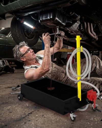 15 Gal Oil Drain Pan with Pump,Low Profile Rolling Oil Drain Cart with 8 ft Hose | with Manual Pump, Wheels & Folding Handle, Oil Drain Tank for Cars, SUVs, Trucks, Buses, RVs - color: National Flag-Black, size: 15 Gal with Manual Pump