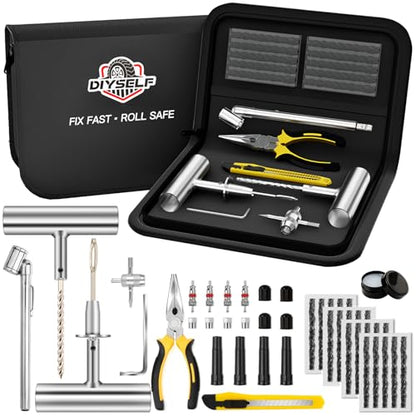 DIYSELF Tire Plug Kit, Heavy Duty Tire Repair Kit for Car Motorcycle Truck SUV, Professional Tubeless Flat Tire Repair Kit with T-Handle Tools, 45PCS