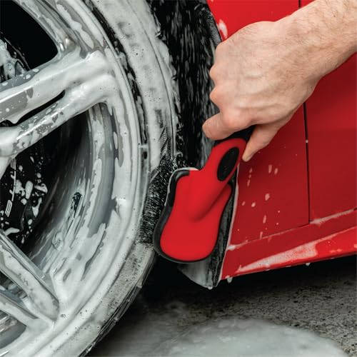 Mothers Tire Brush and Wheel Cleaning Brush for Car Detailing, Stiff Bristles for Tires, Wheels & Rubber Sidewalls, Ergonomic Non-Slip Handle, Car Wash Brush for Auto, Motorcycle, RV & Truck, Red
