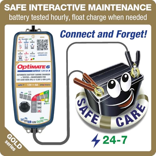 OptiMate6 Select v2 Gold Series: 6A 12V Automatic Battery Saving Charger, Tester & 24-7 Maintainer with Ampmatic & Temp Regulated smart Control & Lead-Acid, AGM & Lithium Battery Modes & Service Mode