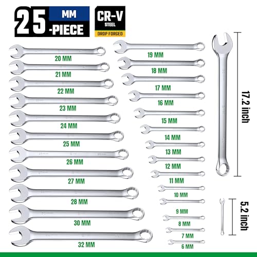 SK Combination Wrench Set, Metric 6 to 32mm, SAE 1/4" to 1-1/4", 42-Piece | SuperKrome Finish, Drop Forged Premium CR-V Steel, 12-Point Wrenches, 15-Degree Offset, with Rolling Pouch - size: Metric&SAE (6 to 32mm & 1/4" to 1-1/4")