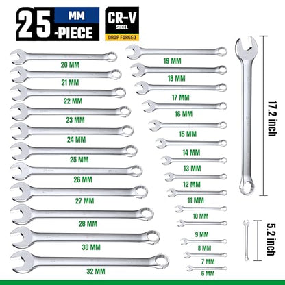 SK Combination Wrench Set, Metric 6 to 32mm, SAE 1/4" to 1-1/4", 42-Piece | SuperKrome Finish, Drop Forged Premium CR-V Steel, 12-Point Wrenches, 15-Degree Offset, with Rolling Pouch - size: Metric&SAE (6 to 32mm & 1/4" to 1-1/4")