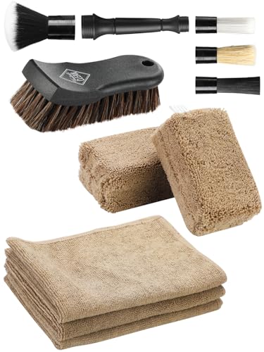 Fantasticlean 9PCS Car Detailing Brush Set, Interior Leather Cleaning | Car Interior Brush Kit, Horse Hair Leather Brush for Car Detailing, Scratch-Free Leather Cleaner Applicator, Cleaning Cloth - size: IT-ACS03-NT