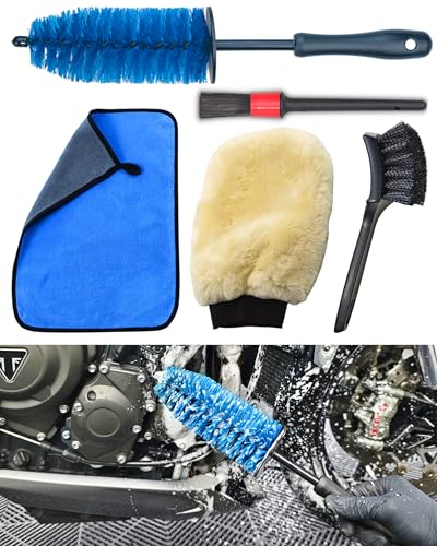 oesee Motorcycle Cleaning Brush Kit, Easy Reach Brush, Wool Wash Mitt, Stiff Tire Brush, Detailing Brush& Microfiber Towel for Motorcycle Mudguard, Rims, Paint, Exhaust - size: Blue(5 Pack)