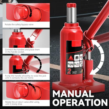 Auto Dynasty 2 Ton Hydraulic Bottle Jack, Automotive Welded Bottle Jack for Car, Pickup Truck, RV, Auto Repair, 6" to 12" Lifting Range (Red) - color: Red, size: 2 Ton