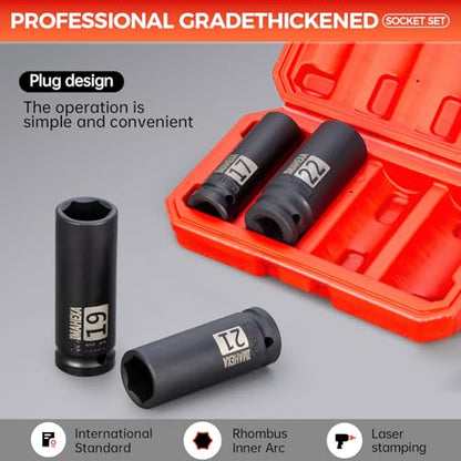 1/2" Drive Deep Large Impact Socket Set, 4-Piece Spindle Axle Nut Metric 6 Point Sockets Set, Metric Sizes(17,19,21,22mm),CO-MO Meterial - size: 1/2 Metric 4Piece