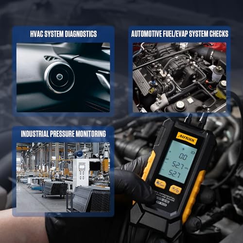 AUTOOL Manometer Gas Pressure Tester, Digital Manometer HVAC, 6 Units Differential Dual Port Pressure Gauge -101 to 200Kpa, Data Zeroing with Backlight LCD Display