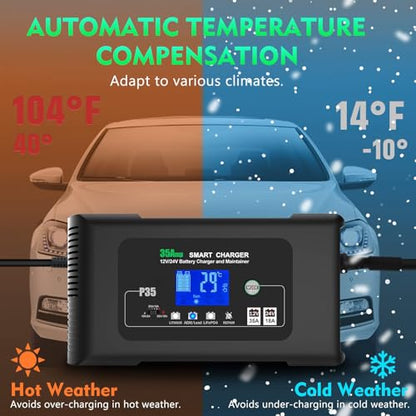 35Amp Car Battery Charger, 12V 35A/24V 18A Lithium LiFePO4 Lead Acid AGM/Gel Charger, Battery Desulfator, Trickle Charger/Maintainer for Car Boat Motorcycle Truck Lawn Mower