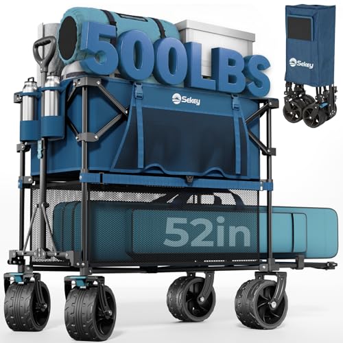 Sekey 500LBS Heavy Duty Double Decker Wagon with Extender, 400L Large Capacity Collapsible Garden Cart Fits 10x10 Canopy, All-Terrain Big Wheels with Brakes, Foldable Utility Wagon for Sports, Camping - color: Amber Blue