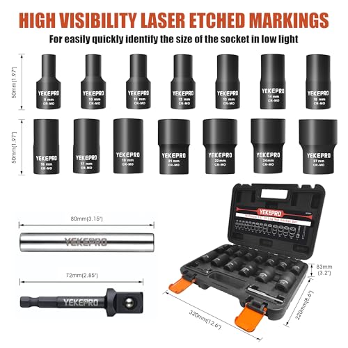 16PCS Bolt Extractor Set, 1/2" Drive Impact Twist Socket Set, Stripped Bolt Extractor for Removing Damaged, Frozen, Rusted, Rounded-Off Bolts, Nuts & Screws, Cr-Mo Steel - size: 16-Piece Twist Socket Set