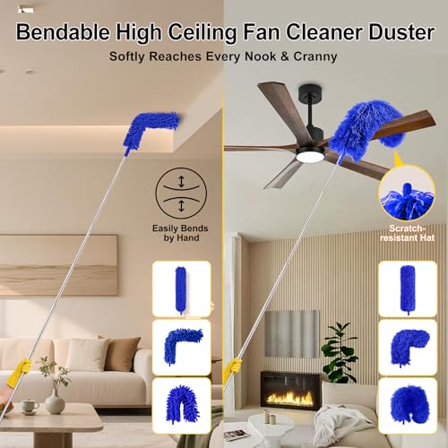 Tiumso Ceiling Fan Cleaner Dusters for Cleaning 6-in-1 Kit, Cobweb Duster with Extension Pole, 100 Inches High Ceiling Fan Blade Cleaners with 5 Reuseable Dusting Heads for Windows and Blinds- Blue - color: Light Blue