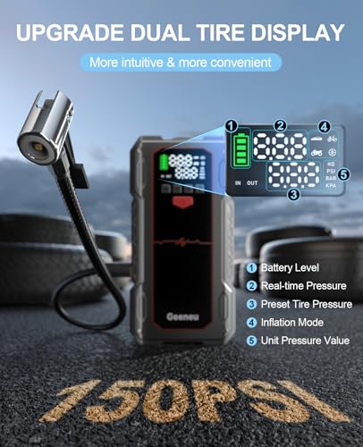 Jump Starter with Air Compressor, 4000A Car Battery Charger Jump Box | Portable 150 PSI Tire Inflator and Battery Jumper, 12V Booster Power Pack(9.0L Gas/7.5L Diesel) with Jumper Cable - color: Black