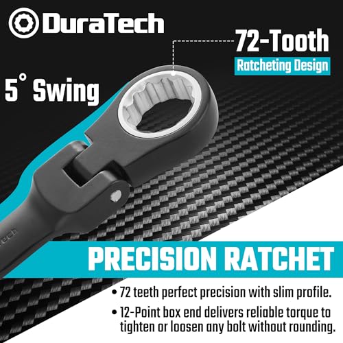 DURATECH Stubby Flex-head Ratcheting Combination Wrench Set, SAE, 8-piece, 5/16" to 3/4", CR-V Steel, Black Electrophoretic Coating, with Rolling Pouch - size: SAE